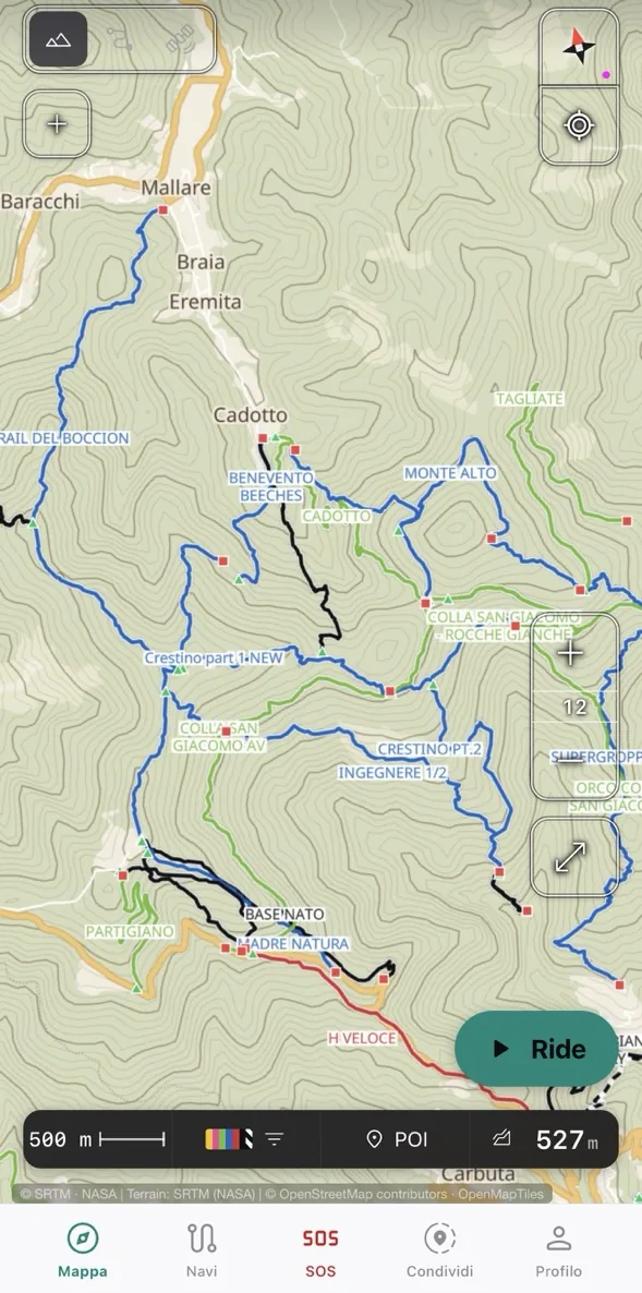 Screenshot of the ALL DAY TURBO app: the trail map of the Finale Ligure Area, every trail drawn in colour