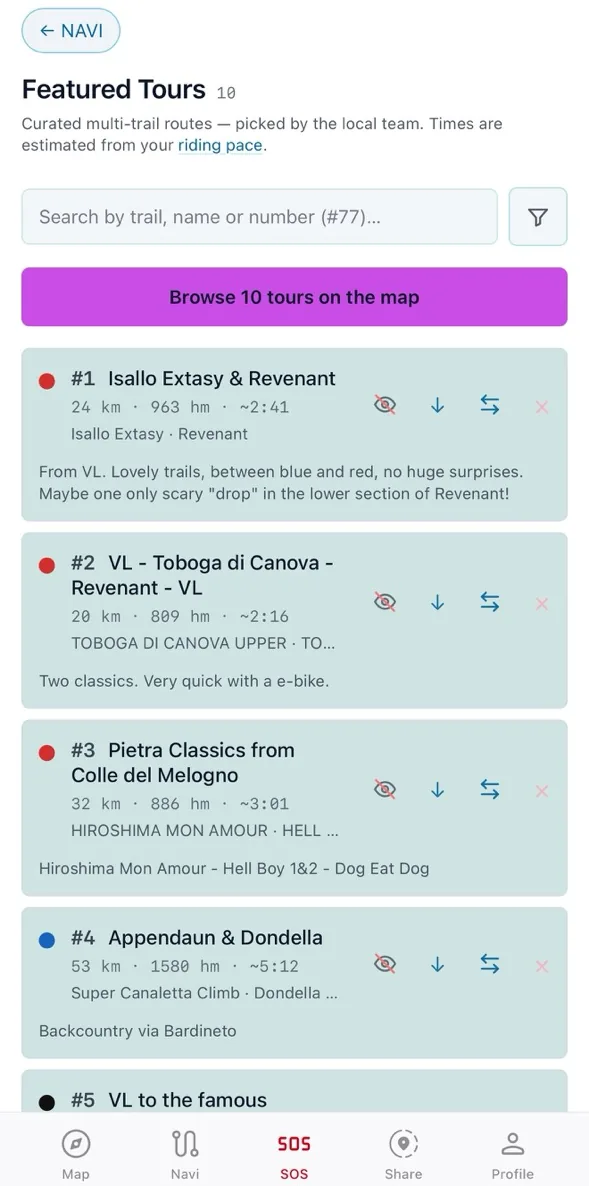 Screenshot of the ALL DAY TURBO app: the list of featured tours, each with distance, climbing and riding time