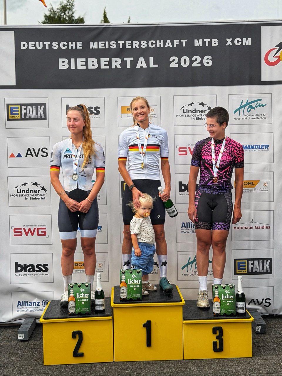 Betty on the top step of the 2026 German MTB Marathon (XCM) Championship podium in the champion's jersey