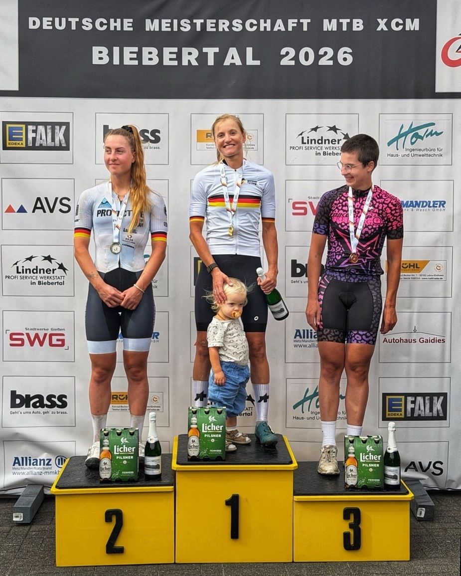 Betty on the top step of the 2026 German MTB Marathon (XCM) Championship podium in the champion's jersey