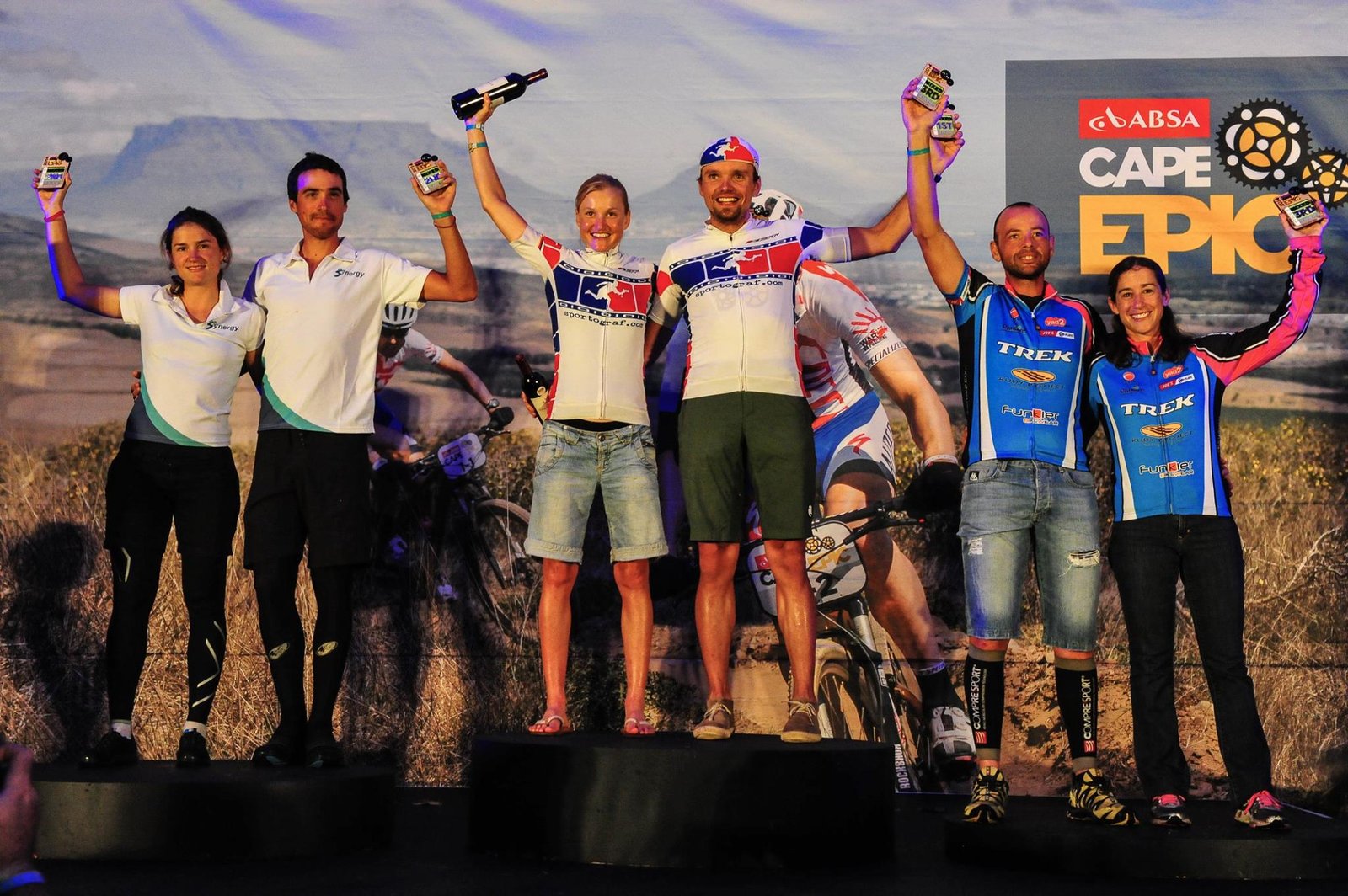 Betty & Tom on top of the Absa Cape Epic podium