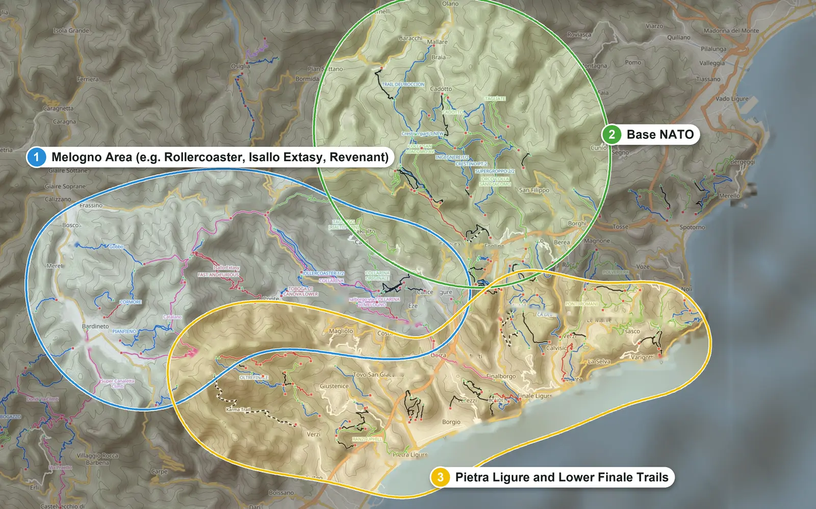 Map from the ALL DAY TURBO app with the three areas our battery swaps cover: 1 Melogno Area (e.g. Rollercoaster, Isallo Extasy, Revenant) · 2 Base NATO · 3 Pietra Ligure and lower Finale trails